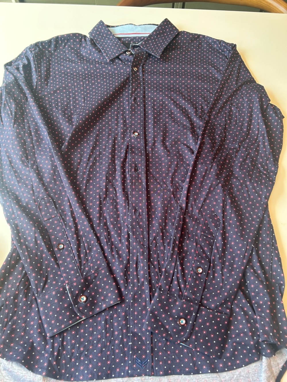 Butter cloth Navy Dress Shirt with Pink Dot Pattern